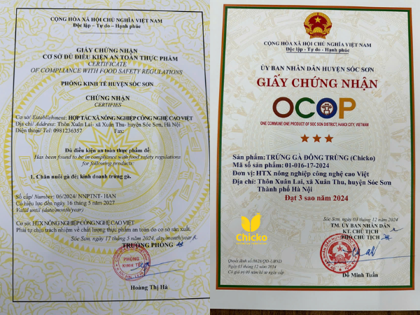 Trứng gà chicko đảm bảo đầy đủ các giấy chứng nhận an toàn thực phẩm